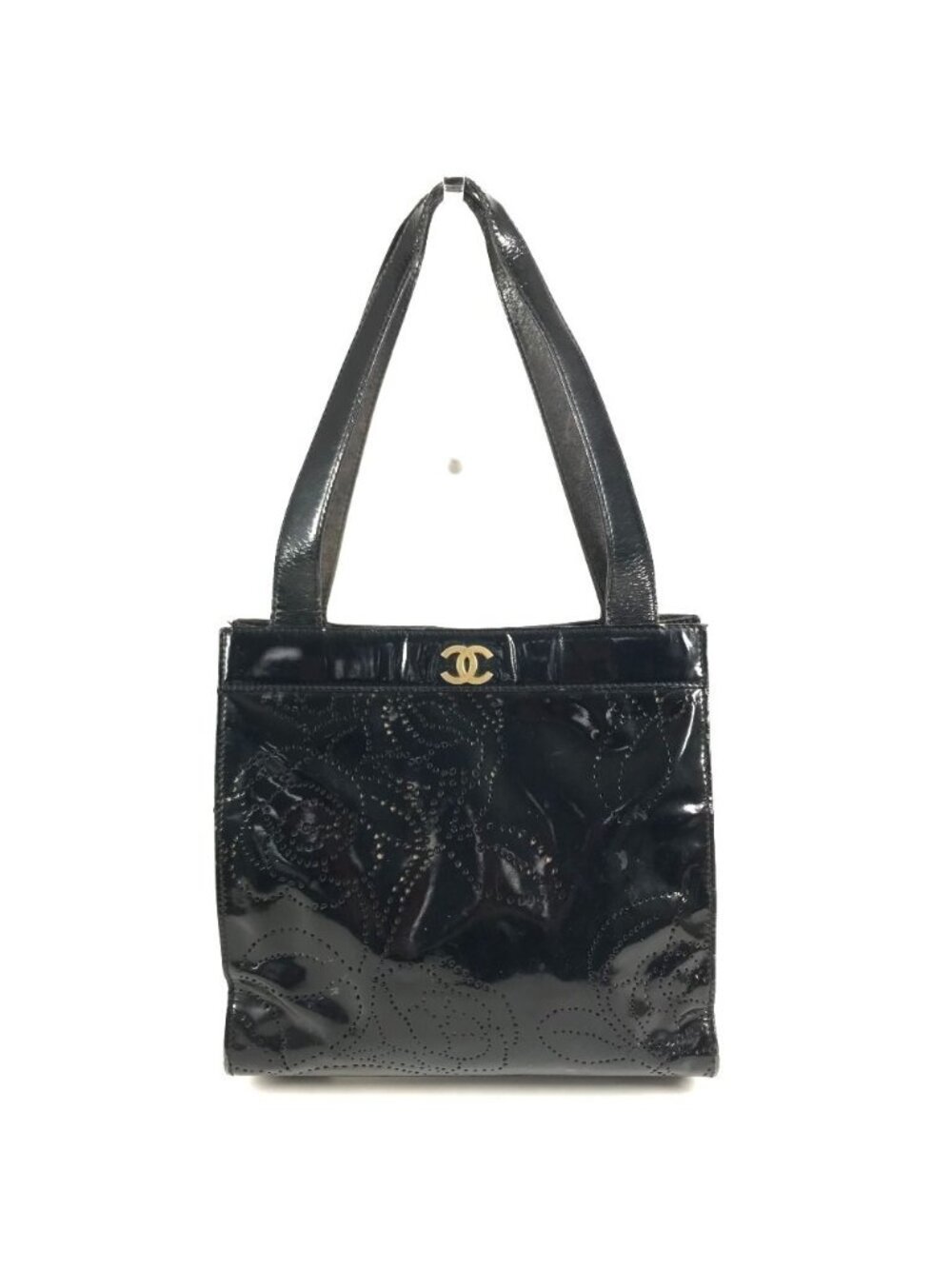 Chanel Shoulder Bag Perforated Logo Camellia Flower Patent Leather Black